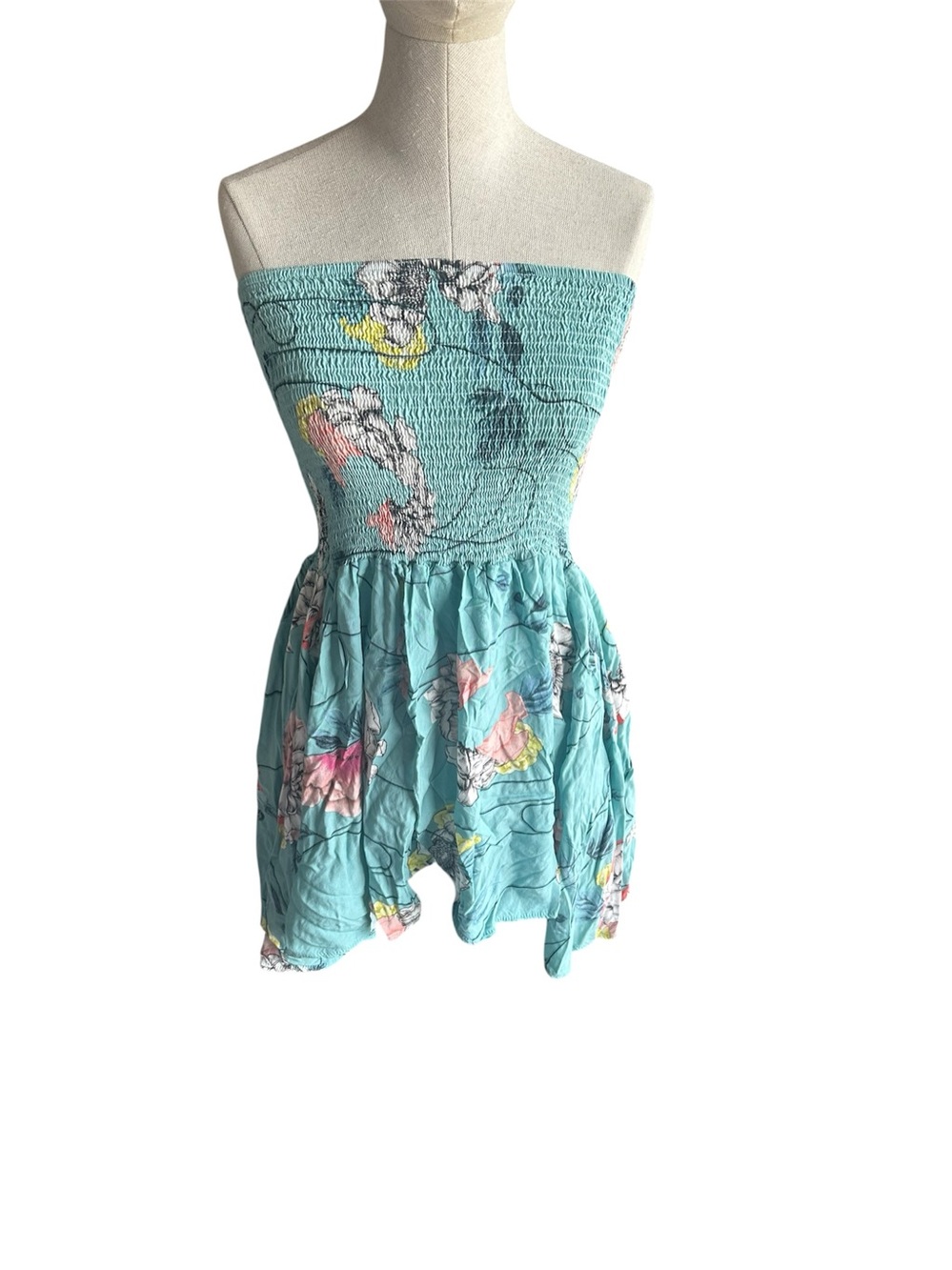 Girls Aqua Floral Strapless Summer Dress